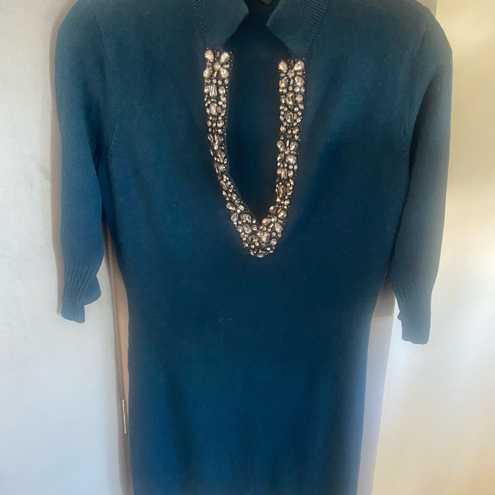 Embellished Teal Sweater Dress